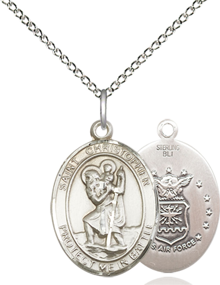 Sterling Silver Saint Christopher Air Force Pendant on a 18 inch Sterling Silver Light Curb chain
