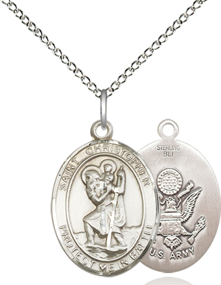 Sterling Silver Saint Christopher Army Pendant on a 18 inch Sterling Silver Light Curb chain