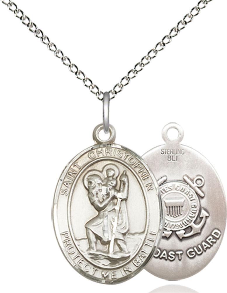 Sterling Silver Saint Christopher Coast Guard Pendant on a 18 inch Sterling Silver Light Curb chain