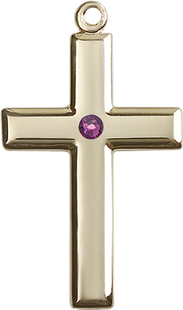 14kt Gold Filled Cross Medal with a 3mm Amethyst Swarovski stone