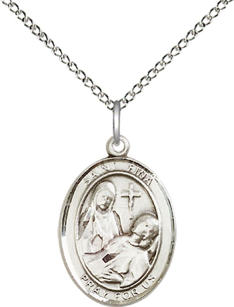 Sterling Silver Saint Fina Pendant on a 18 inch Sterling Silver Light Curb chain