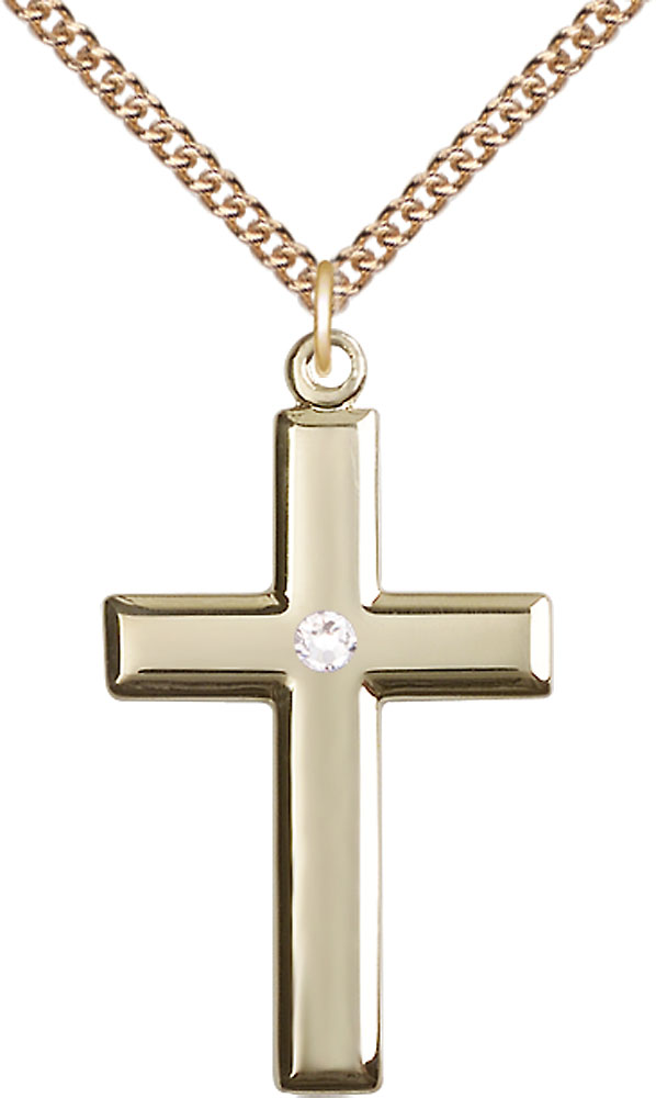 14kt Gold Filled Cross Pendant with a 3mm Crystal Swarovski stone on a 24 inch Gold Filled Heavy Curb chain