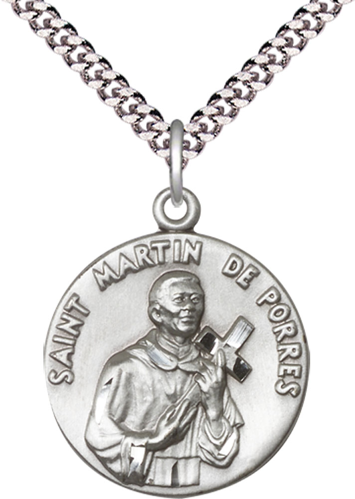 Sterling Silver Saint Martin de Porres Pendant on a 24 inch Light Rhodium Heavy Curb chain