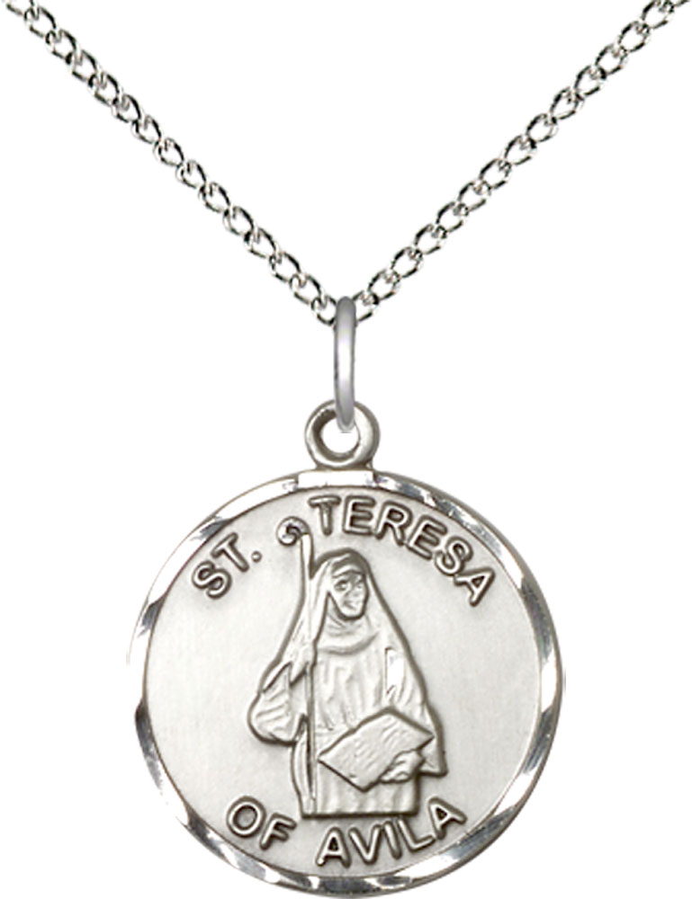 Sterling Silver Saint Theresa Pendant on a 18 inch Sterling Silver Light Curb chain