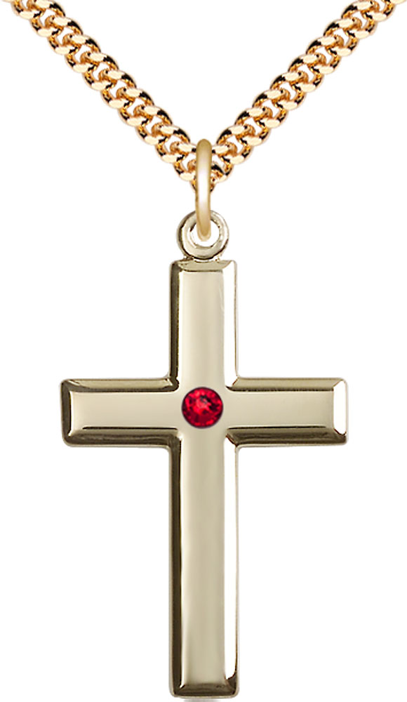 14kt Gold Filled Cross Pendant with a 3mm Ruby Swarovski stone on a 24 inch Gold Plate Heavy Curb chain
