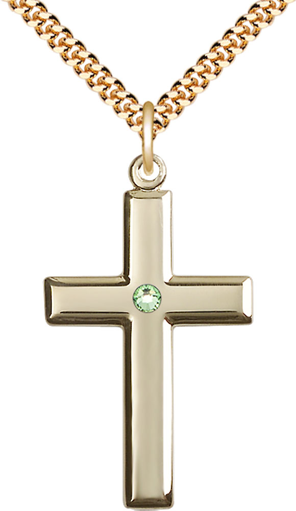 14kt Gold Filled Cross Pendant with a 3mm Peridot Swarovski stone on a 24 inch Gold Plate Heavy Curb chain
