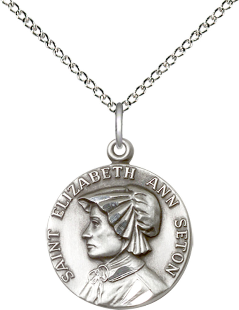 Sterling Silver Saint Elizabeth Ann Seton Pendant on a 18 inch Sterling Silver Light Curb chain