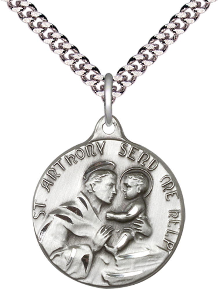Sterling Silver Saint Anthony Pendant on a 24 inch Light Rhodium Heavy Curb chain