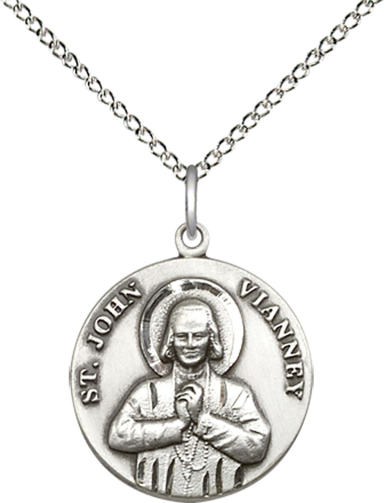 Sterling Silver Saint John Vianney Pendant on a 18 inch Sterling Silver Light Curb chain