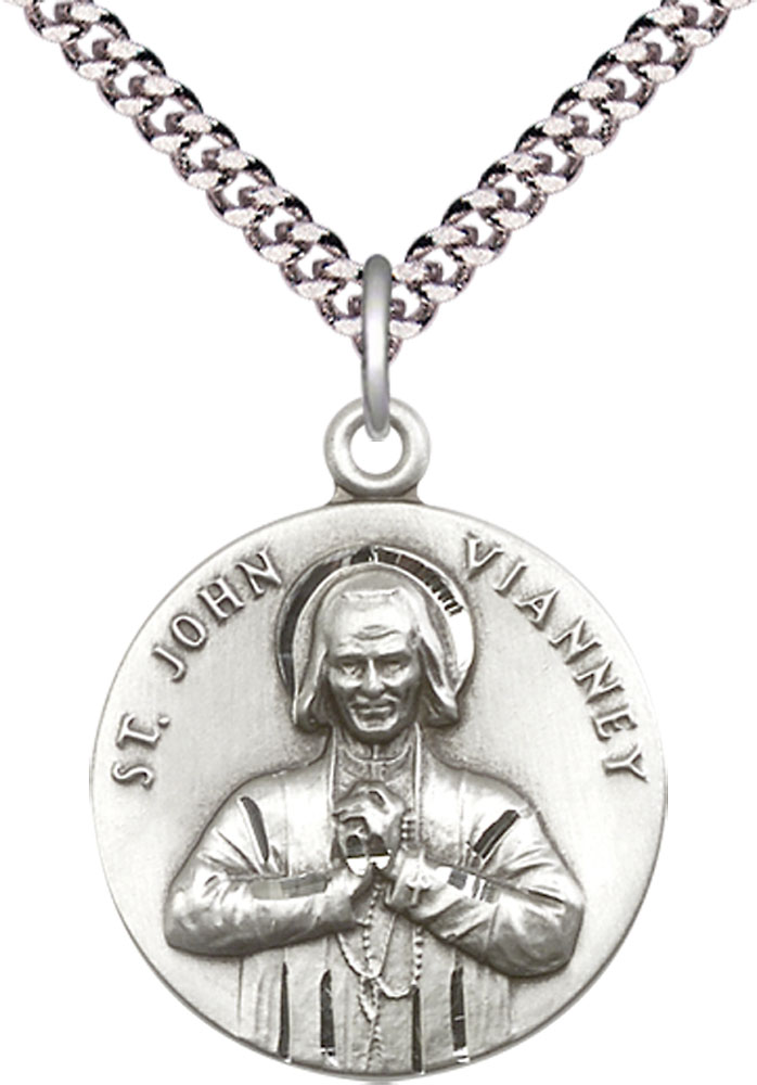 Sterling Silver Saint John Vianney Pendant on a 24 inch Light Rhodium Heavy Curb chain