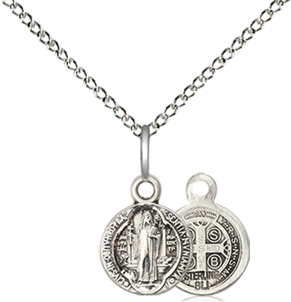 Sterling Silver Saint Benedict Pendant on a 18 inch Sterling Silver Light Curb chain