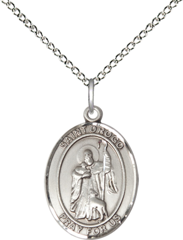 Sterling Silver Saint Drogo Pendant on a 18 inch Sterling Silver Light Curb chain