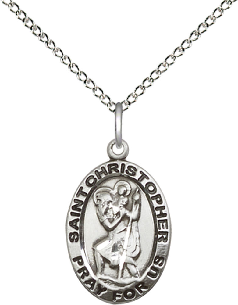 Sterling Silver Saint Christopher Pendant on a 18 inch Sterling Silver Light Curb chain