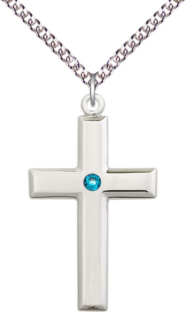 Sterling Silver Cross Pendant with a 3mm Zircon Swarovski stone on a 24 inch Sterling Silver Heavy Curb chain