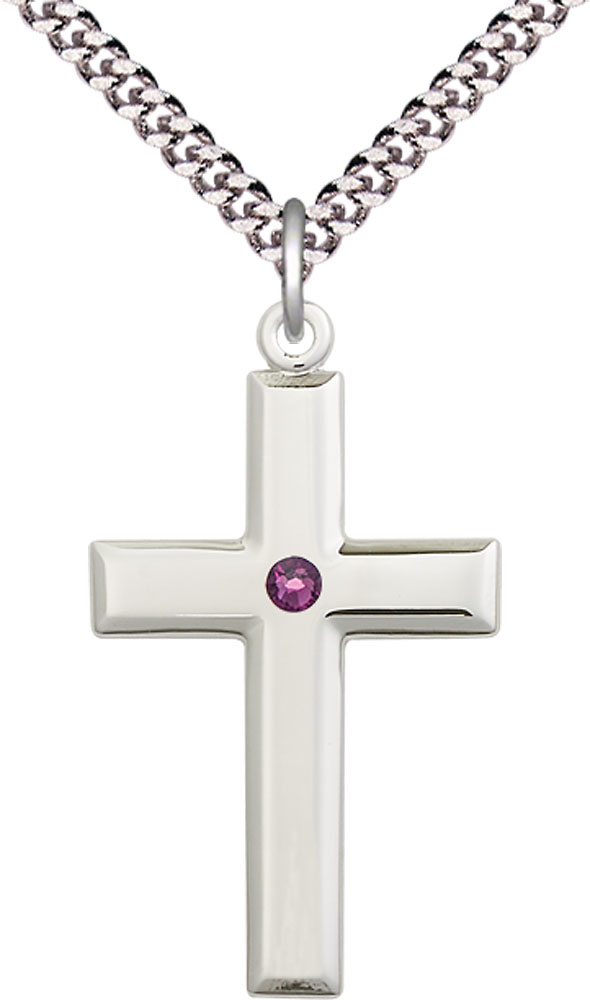 Sterling Silver Cross Pendant with a 3mm Amethyst Swarovski stone on a 24 inch Light Rhodium Heavy Curb chain