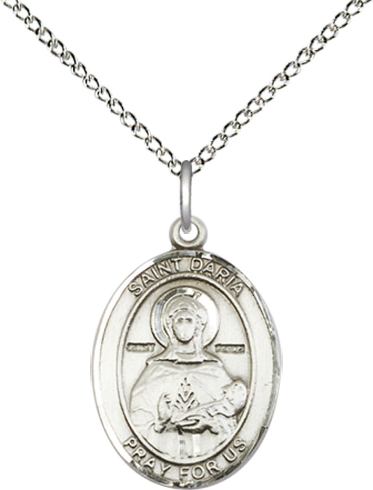 Sterling Silver Saint Daria Pendant on a 18 inch Sterling Silver Light Curb chain