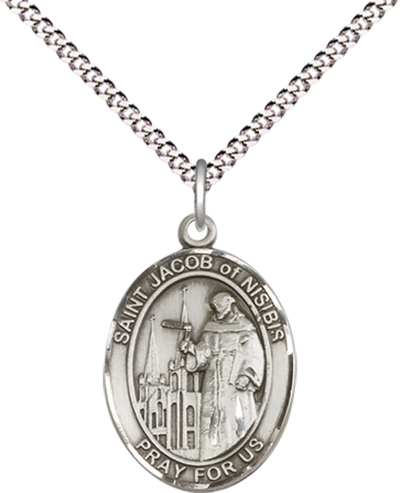 Sterling Silver Saint Jacob of Nisibis Pendant on a 18 inch Light Rhodium Light Curb chain