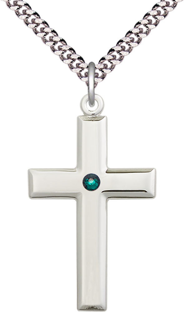 Sterling Silver Cross Pendant with a 3mm Emerald Swarovski stone on a 24 inch Light Rhodium Heavy Curb chain