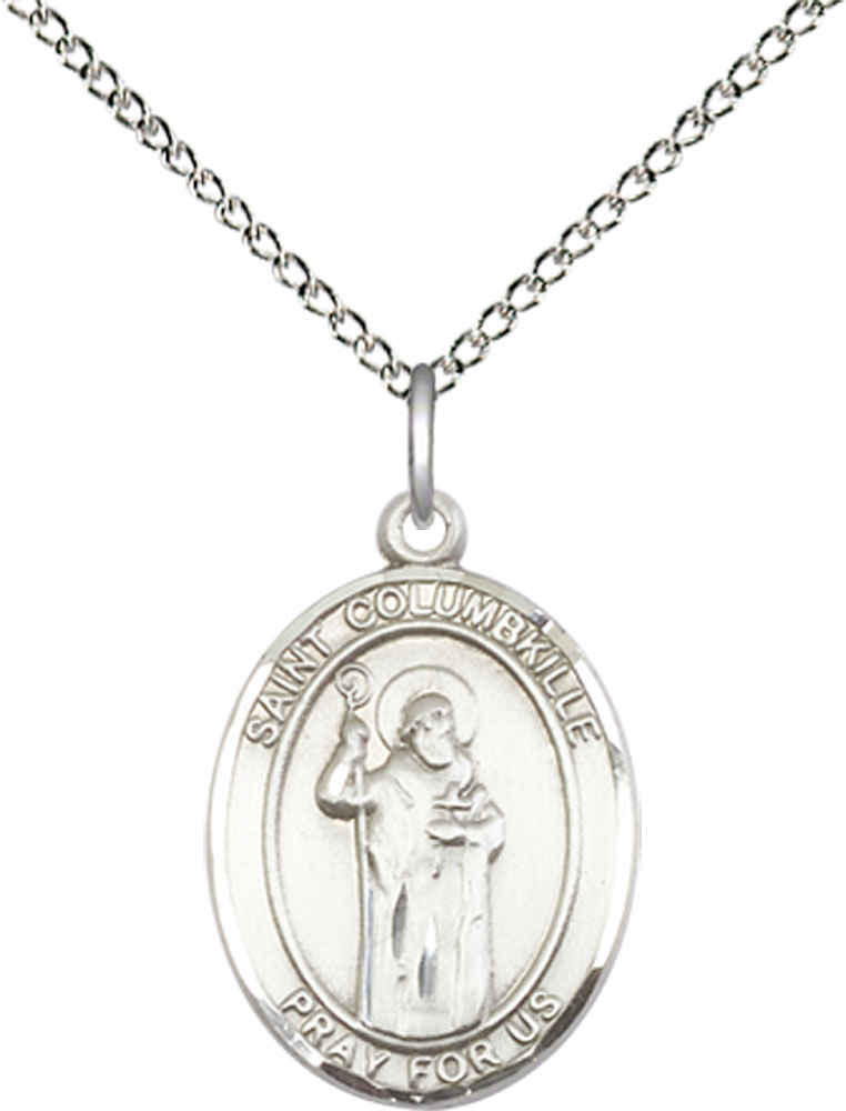 Sterling Silver Saint Columbkille Pendant on a 18 inch Sterling Silver Light Curb chain