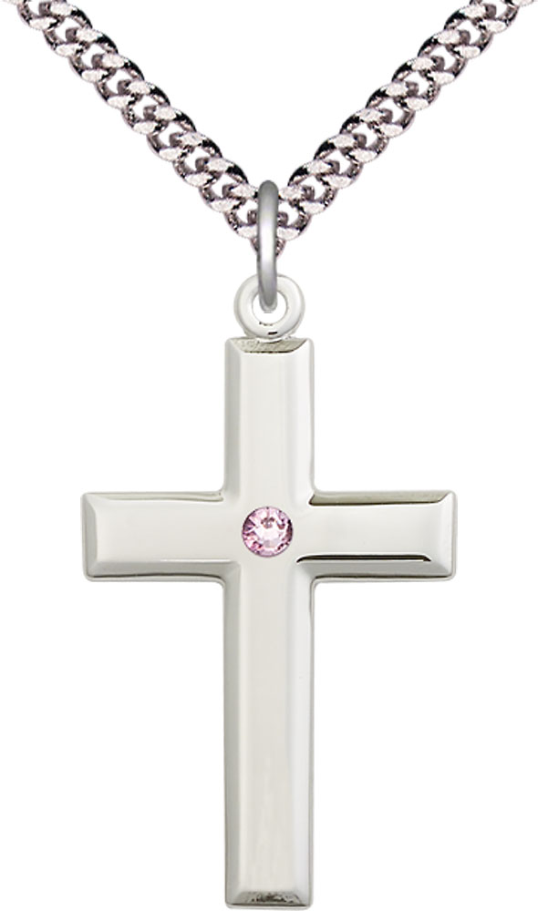 Sterling Silver Cross Pendant with a 3mm Light Amethyst Swarovski stone on a 24 inch Light Rhodium Heavy Curb chain