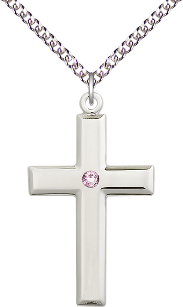 Sterling Silver Cross Pendant with a 3mm Light Amethyst Swarovski stone on a 24 inch Sterling Silver Heavy Curb chain