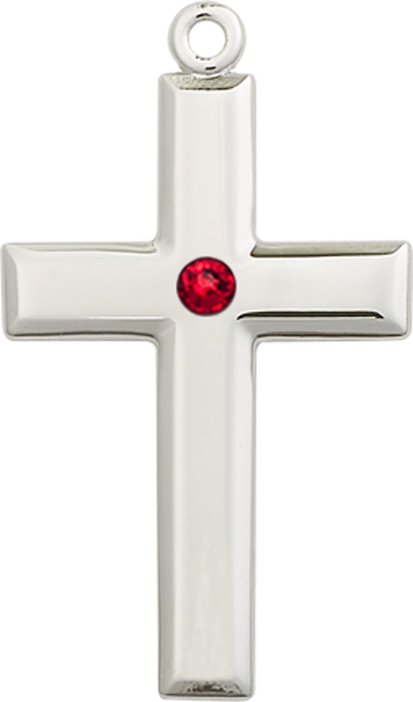 Sterling Silver Cross Medal with a 3mm Ruby Swarovski stone