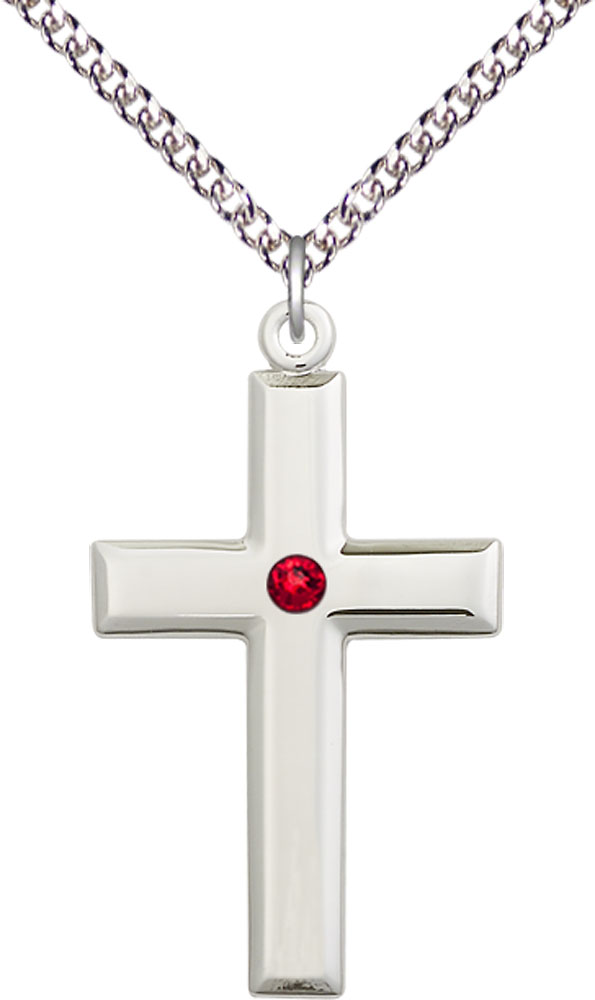 Sterling Silver Cross Pendant with a 3mm Ruby Swarovski stone on a 24 inch Sterling Silver Heavy Curb chain