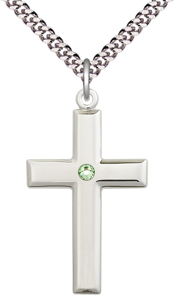 Sterling Silver Cross Pendant with a 3mm Peridot Swarovski stone on a 24 inch Light Rhodium Heavy Curb chain