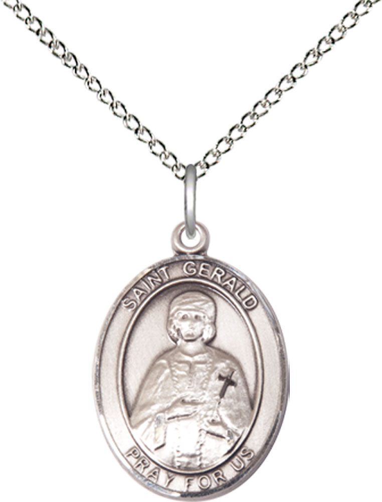 Sterling Silver Saint Gerald Pendant on a 18 inch Sterling Silver Light Curb chain