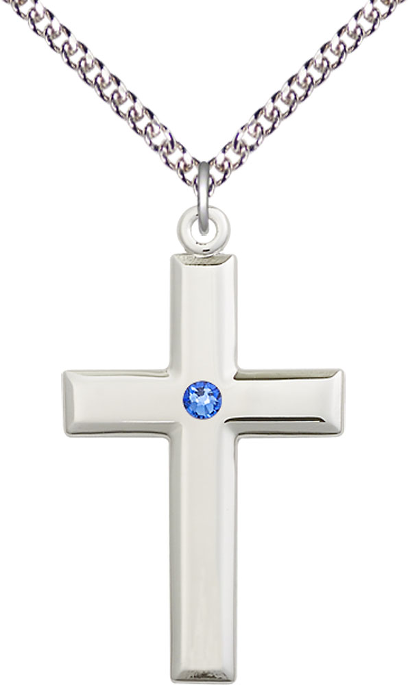 Sterling Silver Cross Pendant with a 3mm Sapphire Swarovski stone on a 24 inch Sterling Silver Heavy Curb chain
