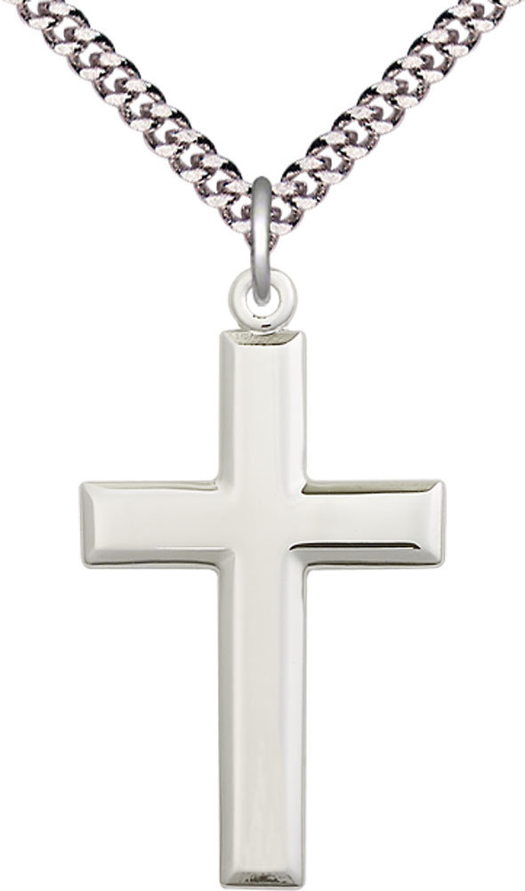 Sterling Silver Cross Pendant on a 24 inch Light Rhodium Heavy Curb chain
