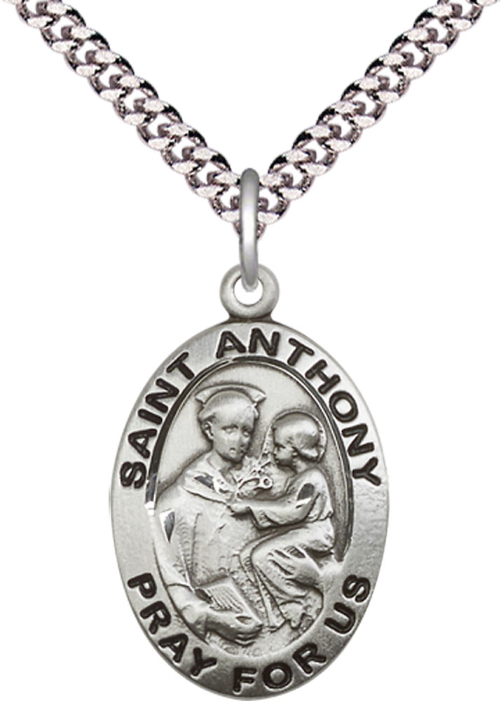 Sterling Silver Saint Anthony of Padua Pendant on a 24 inch Light Rhodium Heavy Curb chain