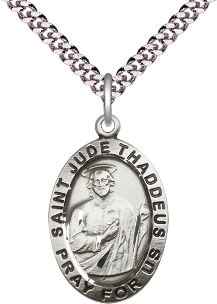 Sterling Silver Saint Jude Pendant on a 24 inch Light Rhodium Heavy Curb chain