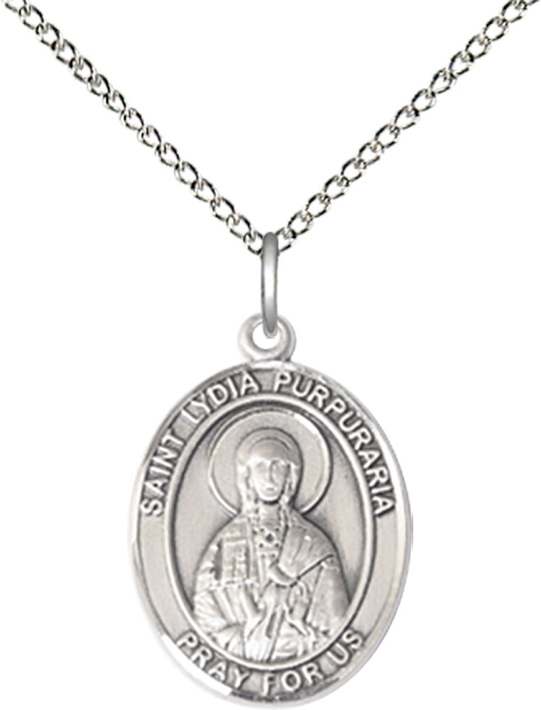 Sterling Silver Saint Lydia Purpuraria Pendant on a 18 inch Sterling Silver Light Curb chain