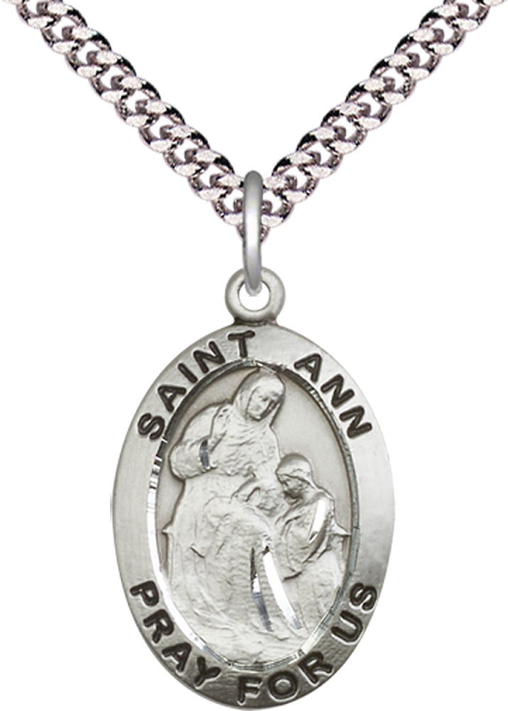 Sterling Silver Saint Ann Pendant on a 24 inch Light Rhodium Heavy Curb chain
