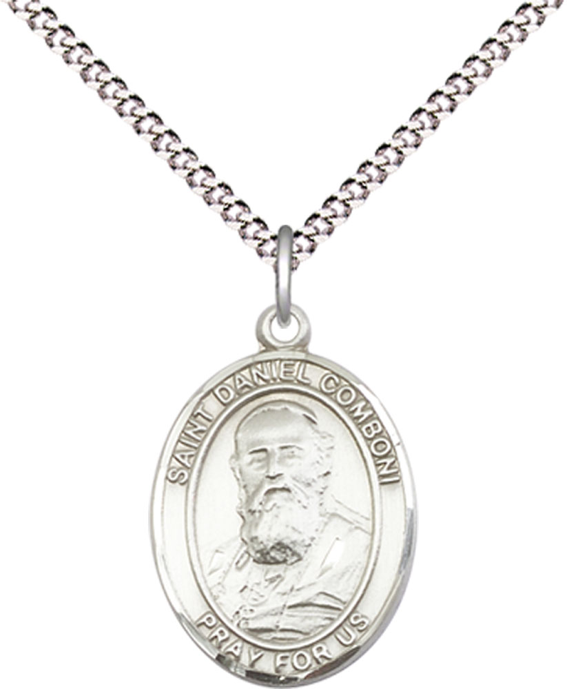 Sterling Silver Saint Daniel Comboni Pendant on a 18 inch Light Rhodium Light Curb chain