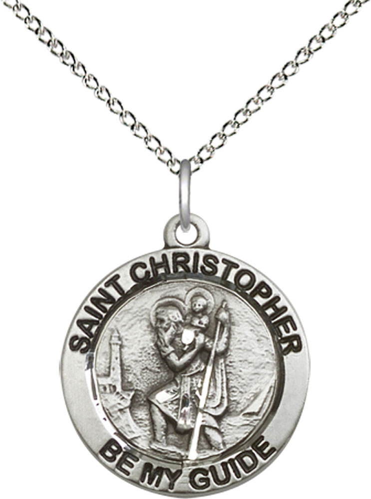 Sterling Silver Saint Christopher Pendant on a 18 inch Sterling Silver Light Curb chain
