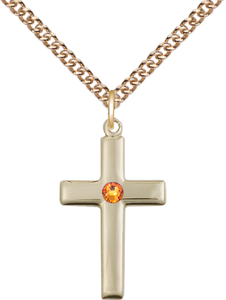 14kt Gold Filled Cross Pendant with a 3mm Topaz Swarovski stone on a 24 inch Gold Filled Heavy Curb chain