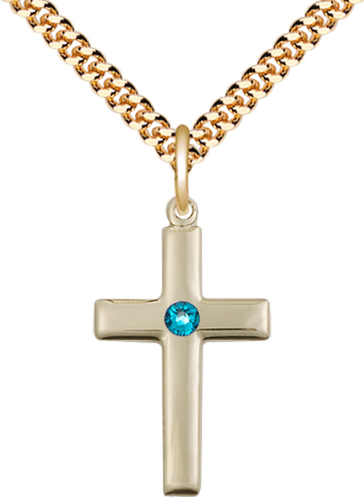 14kt Gold Filled Cross Pendant with a 3mm Zircon Swarovski stone on a 24 inch Gold Plate Heavy Curb chain