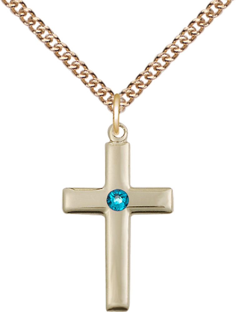 14kt Gold Filled Cross Pendant with a 3mm Zircon Swarovski stone on a 24 inch Gold Filled Heavy Curb chain