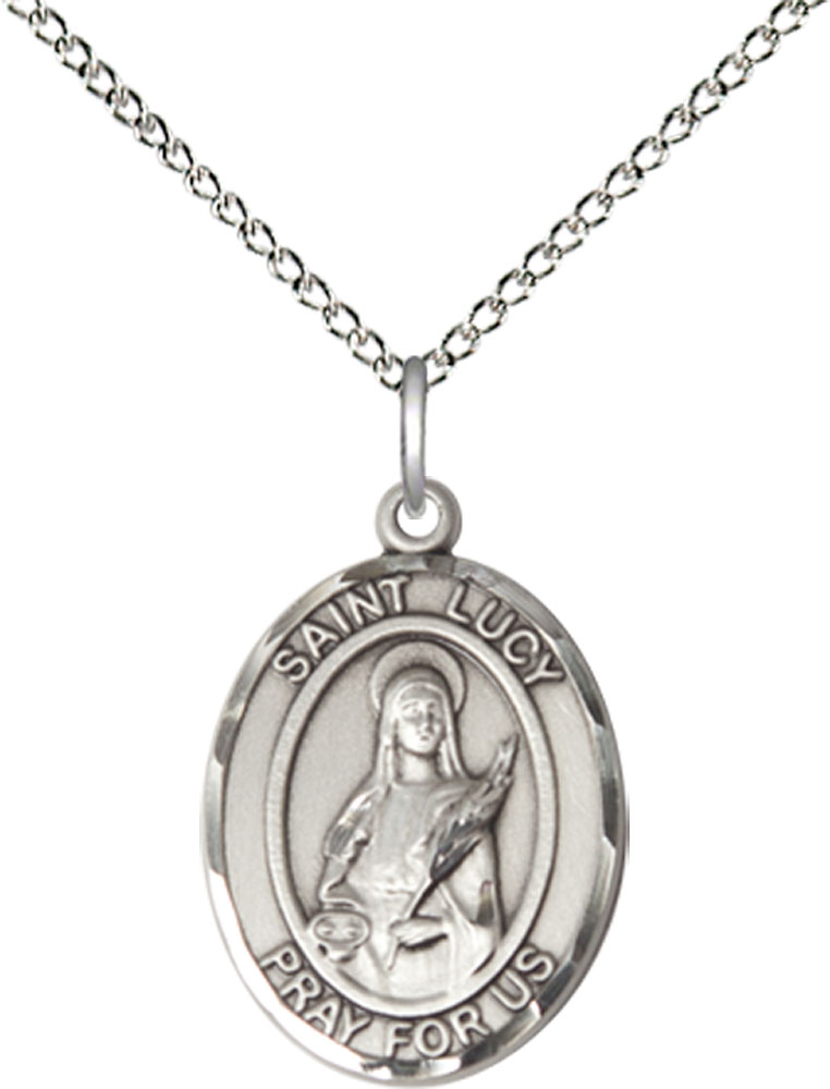 Sterling Silver Saint Lucy Pendant on a 18 inch Sterling Silver Light Curb chain
