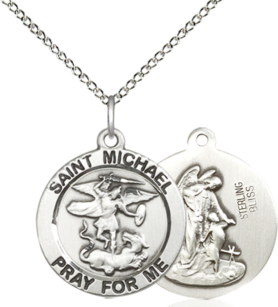 Sterling Silver Saint Michael the Archangel Pendant on a 18 inch Sterling Silver Light Curb chain
