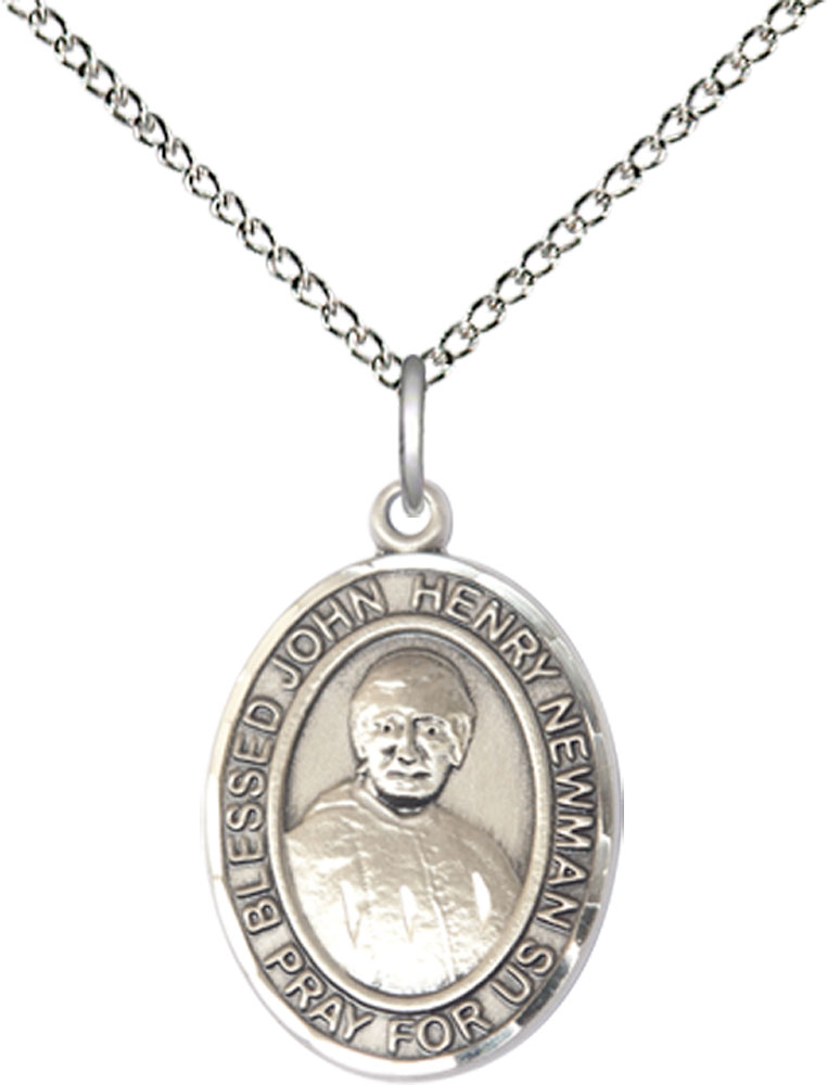 Sterling Silver Blessed John Henry Newman Pendant on a 18 inch Sterling Silver Light Curb chain