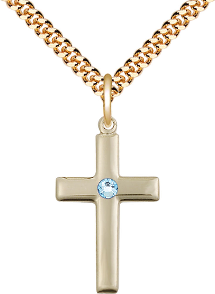 14kt Gold Filled Cross Pendant with a 3mm Aqua Swarovski stone on a 24 inch Gold Plate Heavy Curb chain