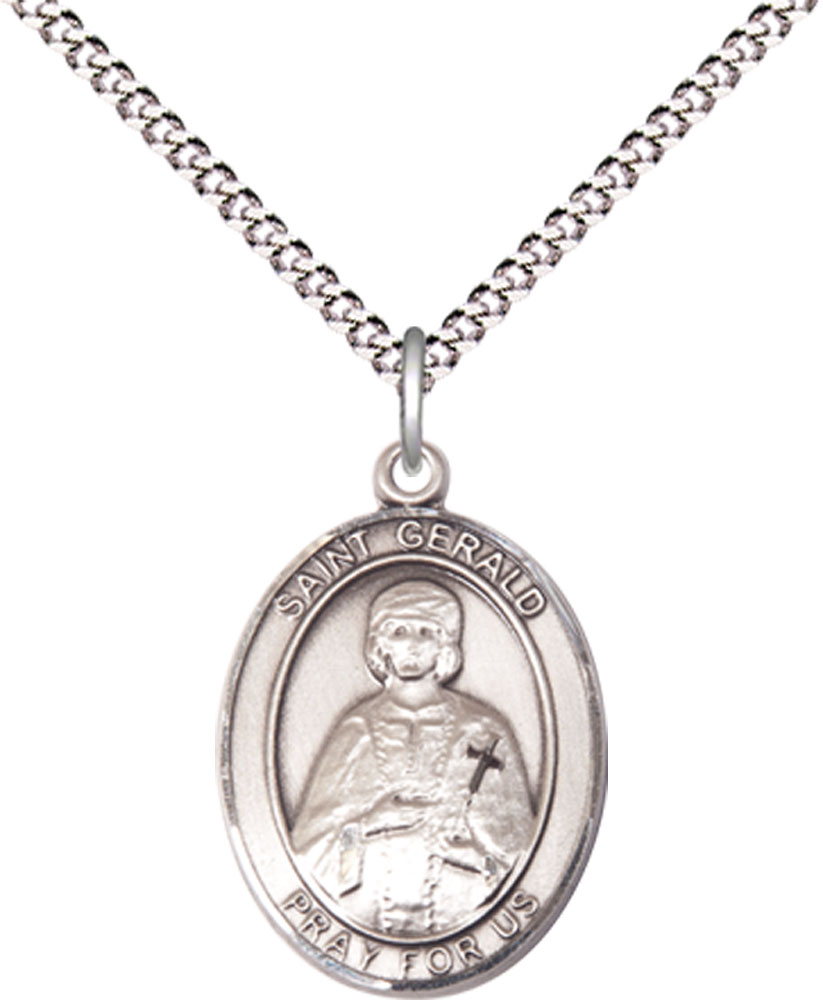Sterling Silver Saint Gerald Pendant on a 18 inch Light Rhodium Light Curb chain