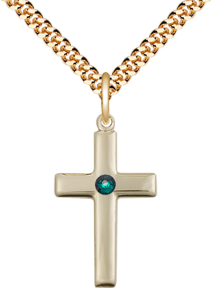 14kt Gold Filled Cross Pendant with a 3mm Emerald Swarovski stone on a 24 inch Gold Plate Heavy Curb chain