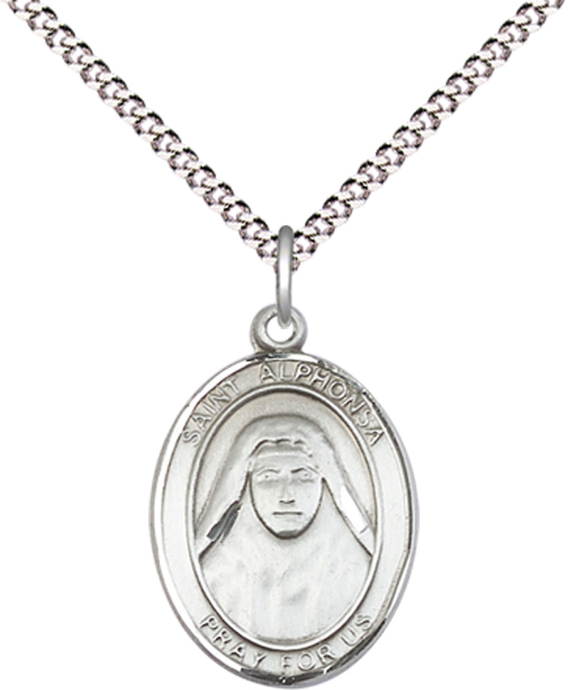 Sterling Silver Saint Alphonsa Pendant on a 18 inch Light Rhodium Light Curb chain