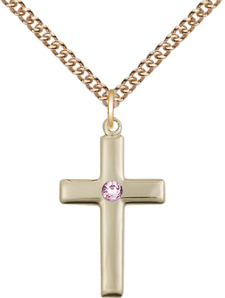 14kt Gold Filled Cross Pendant with a 3mm Light Amethyst Swarovski stone on a 24 inch Gold Filled Heavy Curb chain