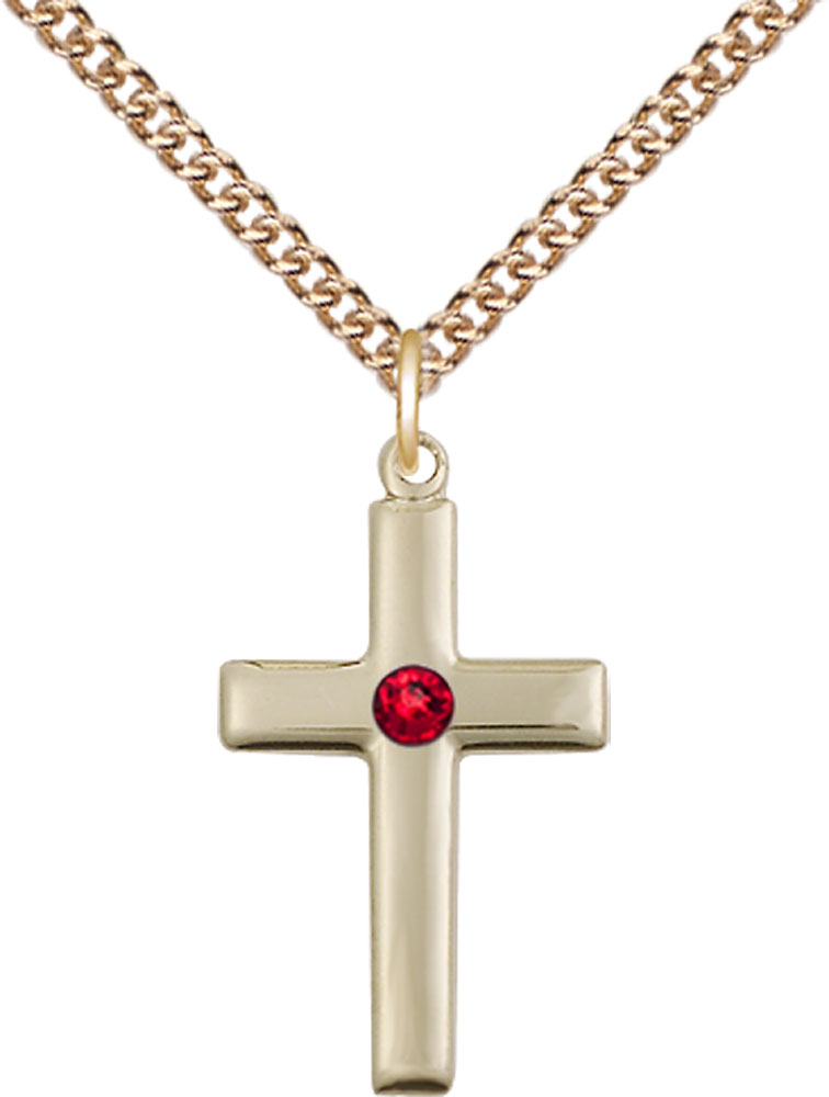 14kt Gold Filled Cross Pendant with a 3mm Ruby Swarovski stone on a 24 inch Gold Filled Heavy Curb chain