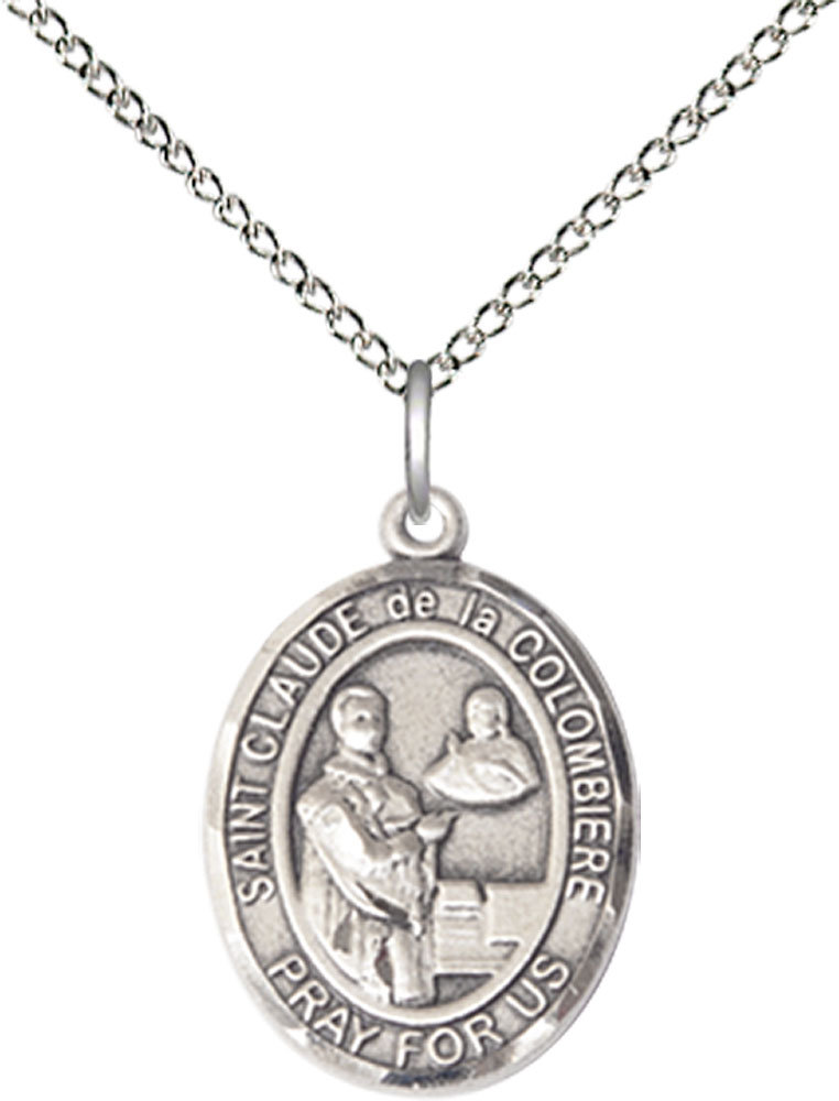 Sterling Silver Saint Claude de la Colombiere Pendant on a 18 inch Sterling Silver Light Curb chain
